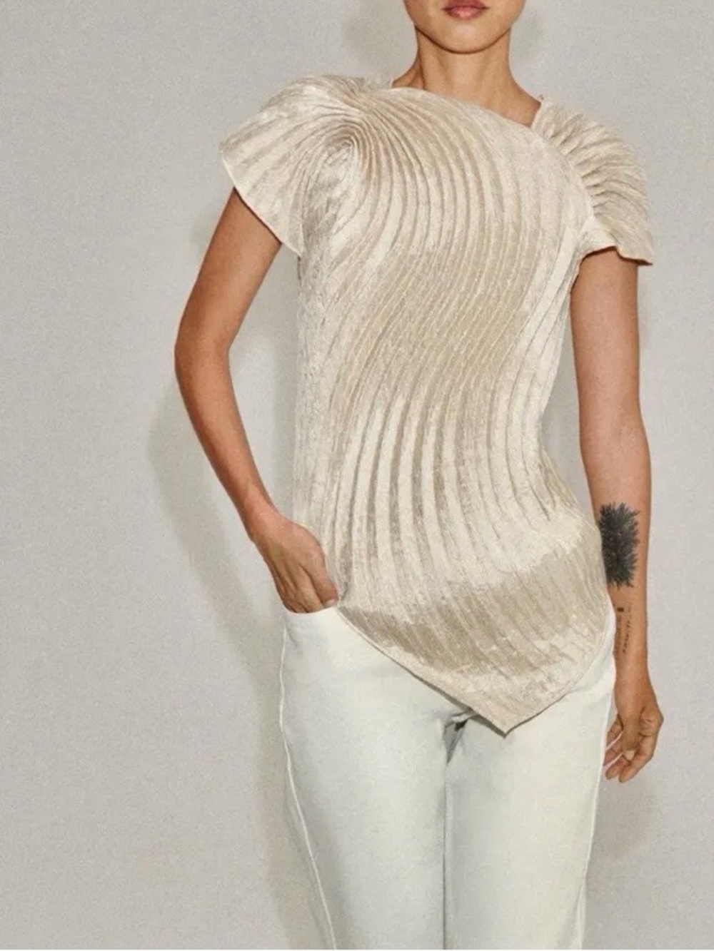 Zara NWT ZW COLLECTION luxurious Pleated Short Sleeve champagne cream formal Top - Picture 13 of 13